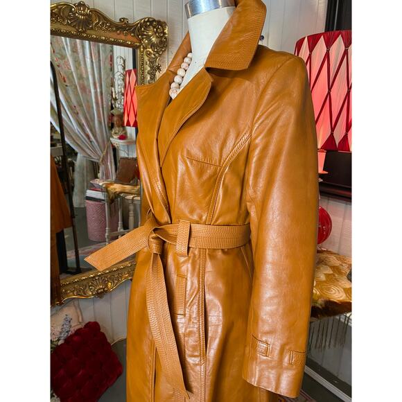vintage 1970s leather trench coat 70s tie waist mod basketweave butterfly collar - Picture 12 of 12